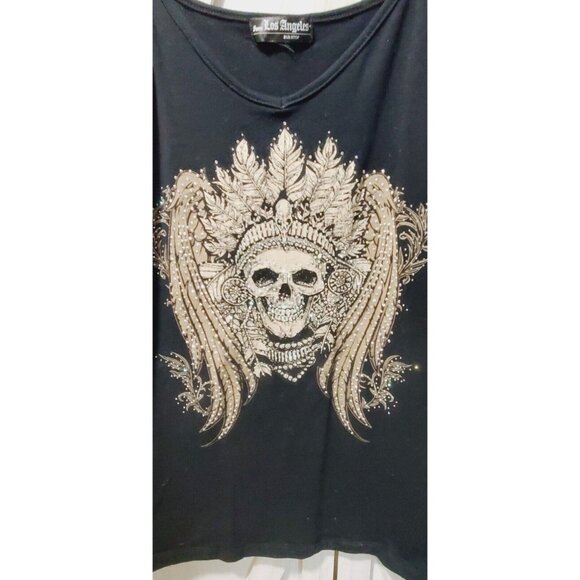 Los Angeles Bus Stop Sz M Tank Top Black Skull Bling Sleeveless - Picture 2 of 4